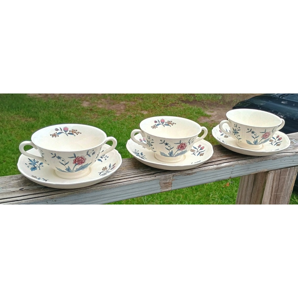 3 Sets Wedgewood Williamsburg Potpourri Footed Cream Soup Bowls Saucers Flowers - Picture 8 of 8